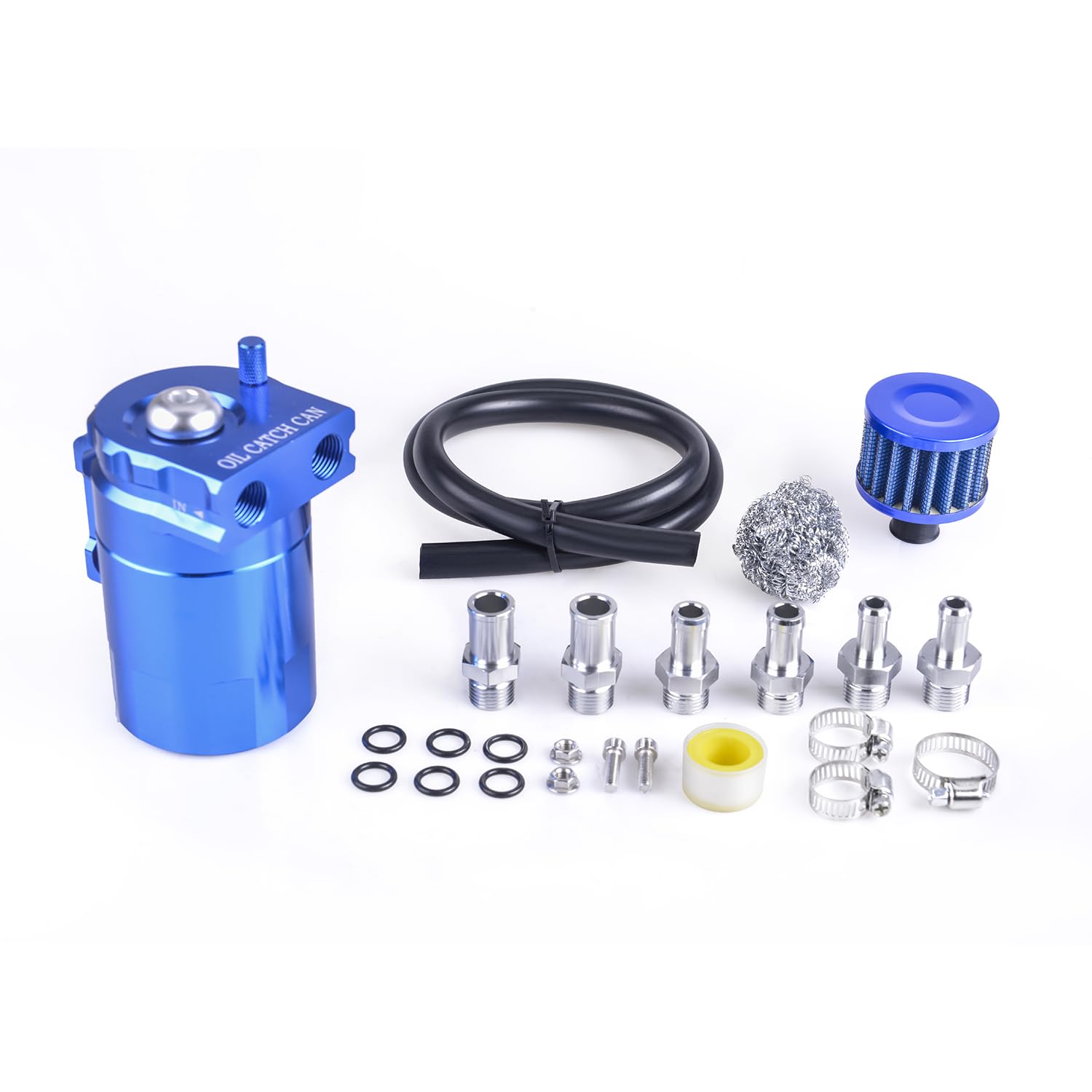 Universal 300ml Aluminum Baffled Oil Separator Catch Can Kit with Air Filter 10MM 12MM 15MM Fitting Blue