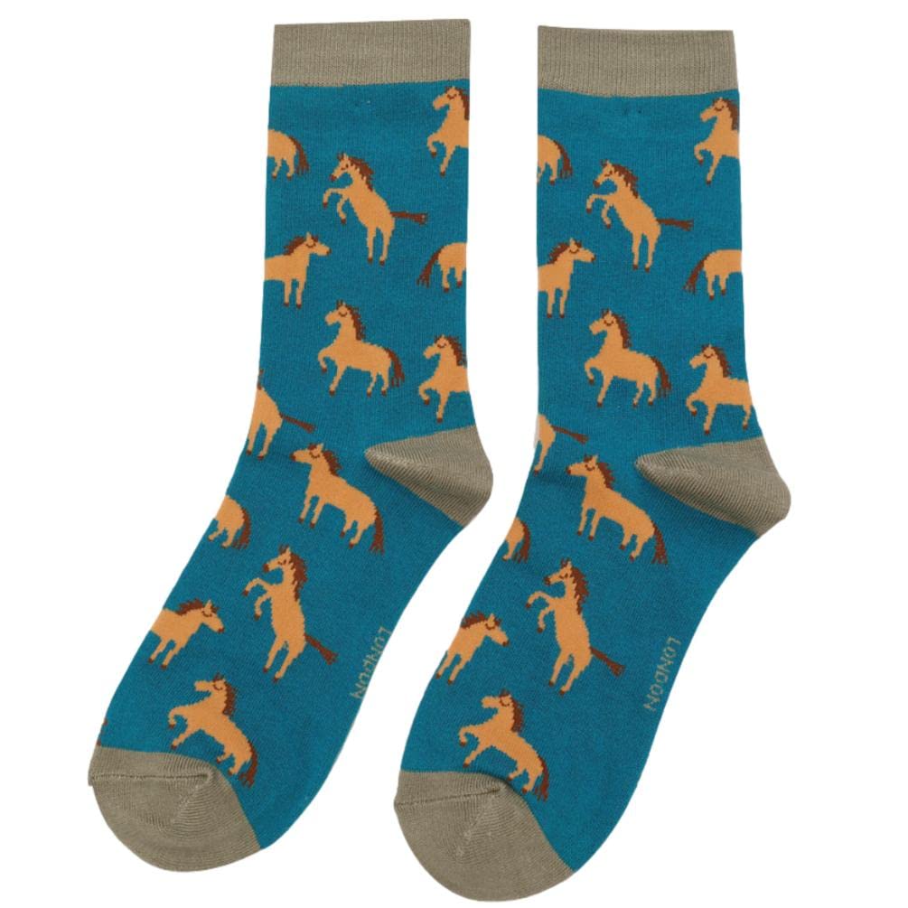 Women's Teal, Blue Purple Possum® Horse Socks Brown Horses Pony Teal Blue Bamboo Cotton Blend Size 3-7 Novelty Socks