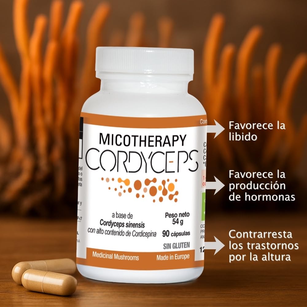 MICOTHERAPHY Cordyceps Sinensis 90 Cápsulas Mejora la Vitalidad, Aumenta la Energía, Mejora el Estrés Físico y Mental, Reduce la Inflamación, Mantiene los Niveles Hormonales en Equilibrio