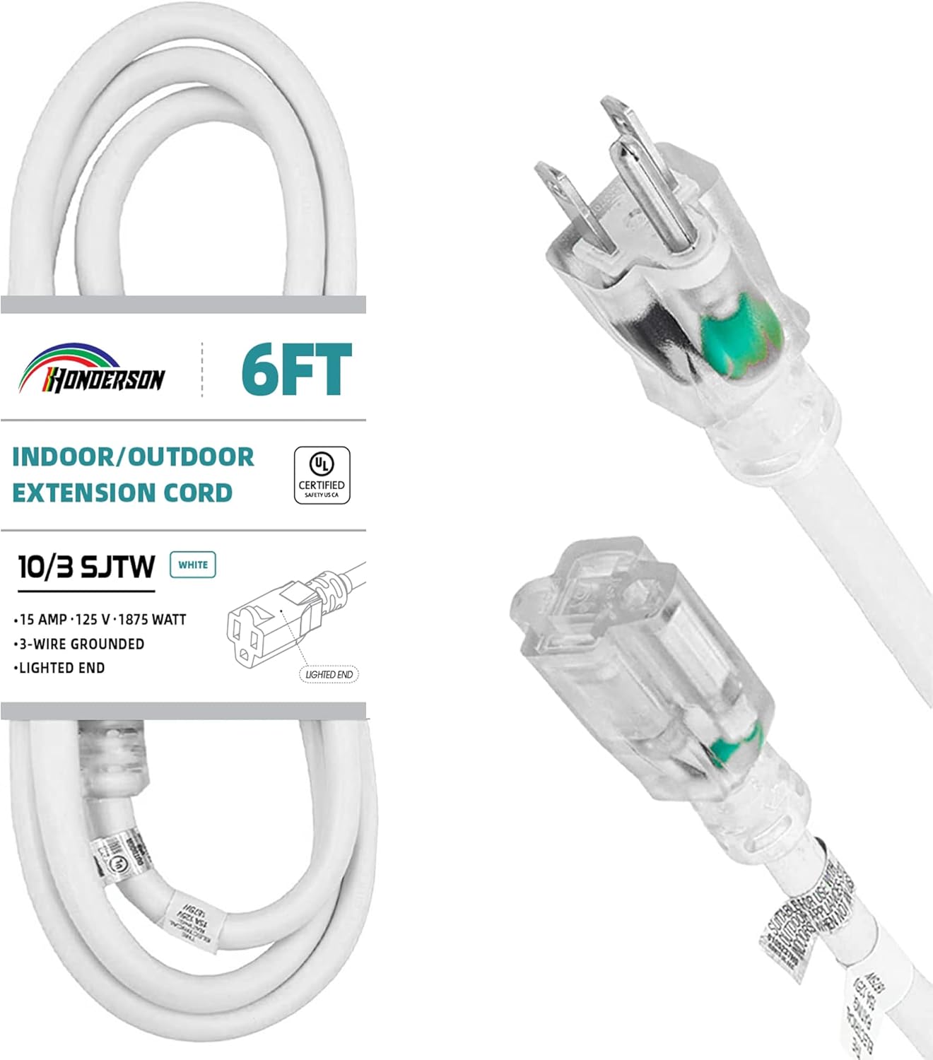 6 FT 10/3 White Outdoor Extension Cord,10 Gauge SJTW Heavy