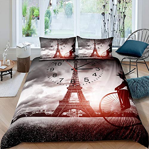 Eiffel Tower Comforter Cover Paris France Beddings Set Luxury Grey Famous City Scene Duvet Cover Full For Adult Women Girls Retro Truck Clock Bedspread City Building Bike Quilt Cover Stylish Decor #TOP10