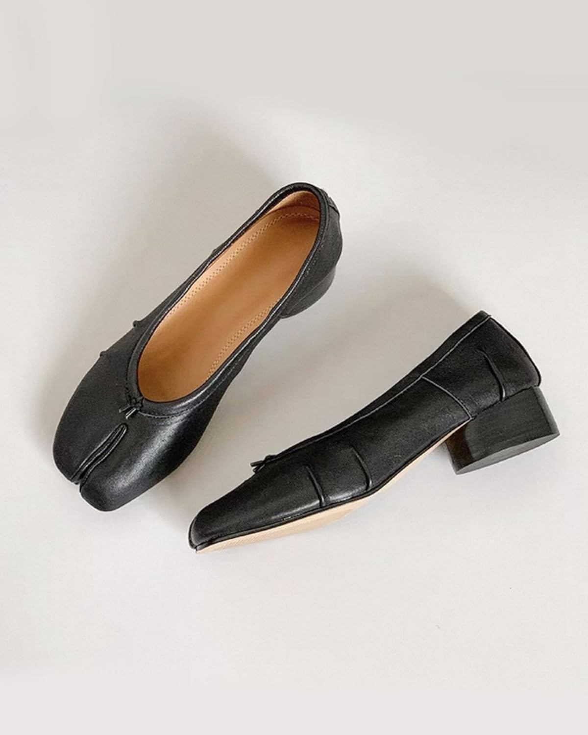 KOKOMOMO Black Split Toe Ballet Heels for Women Japanese Tabi Shoes Cylindrical Low Heels Pumps Chunky Block Heel Office Wedding Party Dress Shoes 1.2 INCH - Image 7