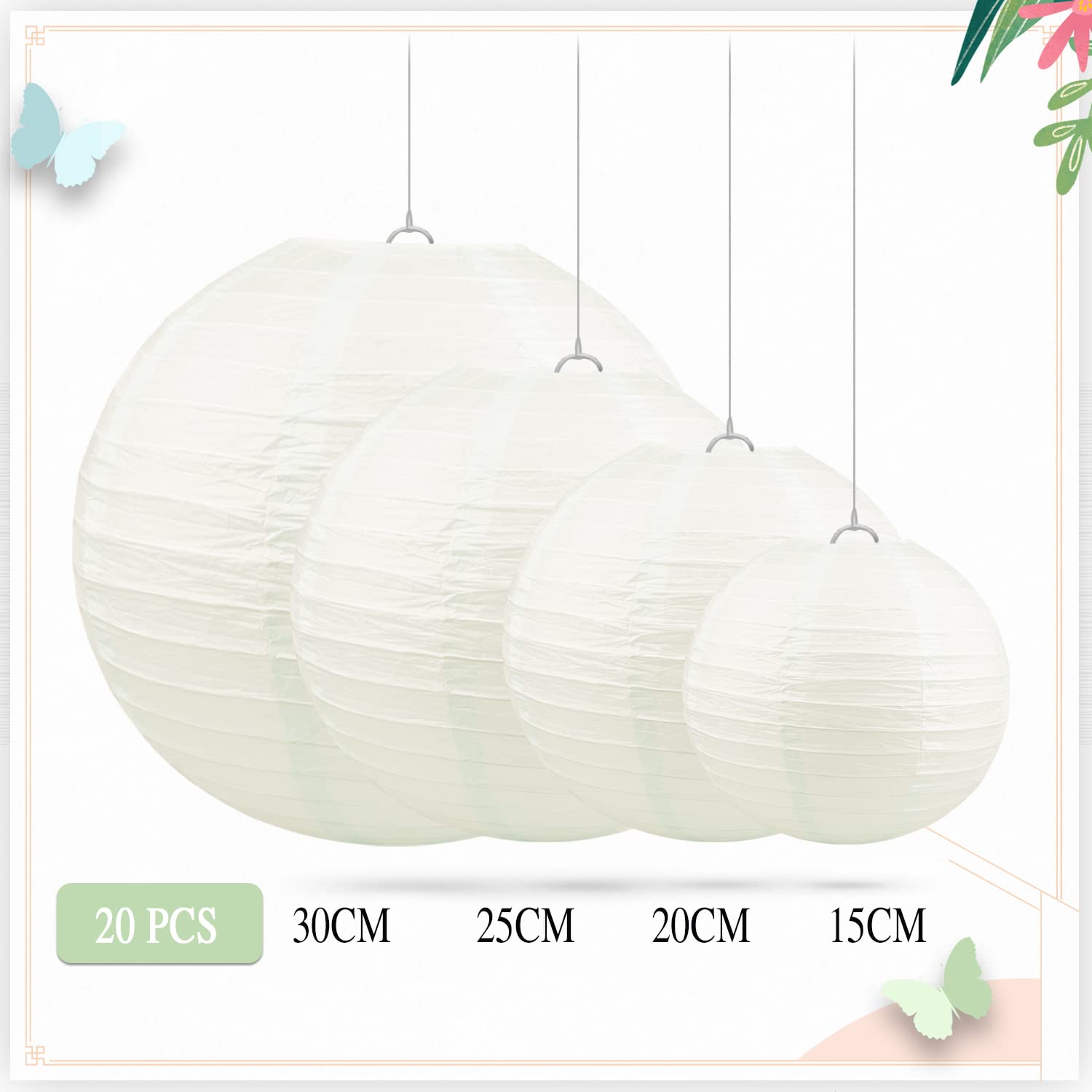Jangostor 20 Pièce Beige Blanc Lanterne en Papier Lanterne Rond en Papier, 15 CM, 20 CM, 25 CM, 30 CM Différentes Tailles Lanterne en Papier à Suspendre pour Mariage Anniversaire Célébrations Jardin