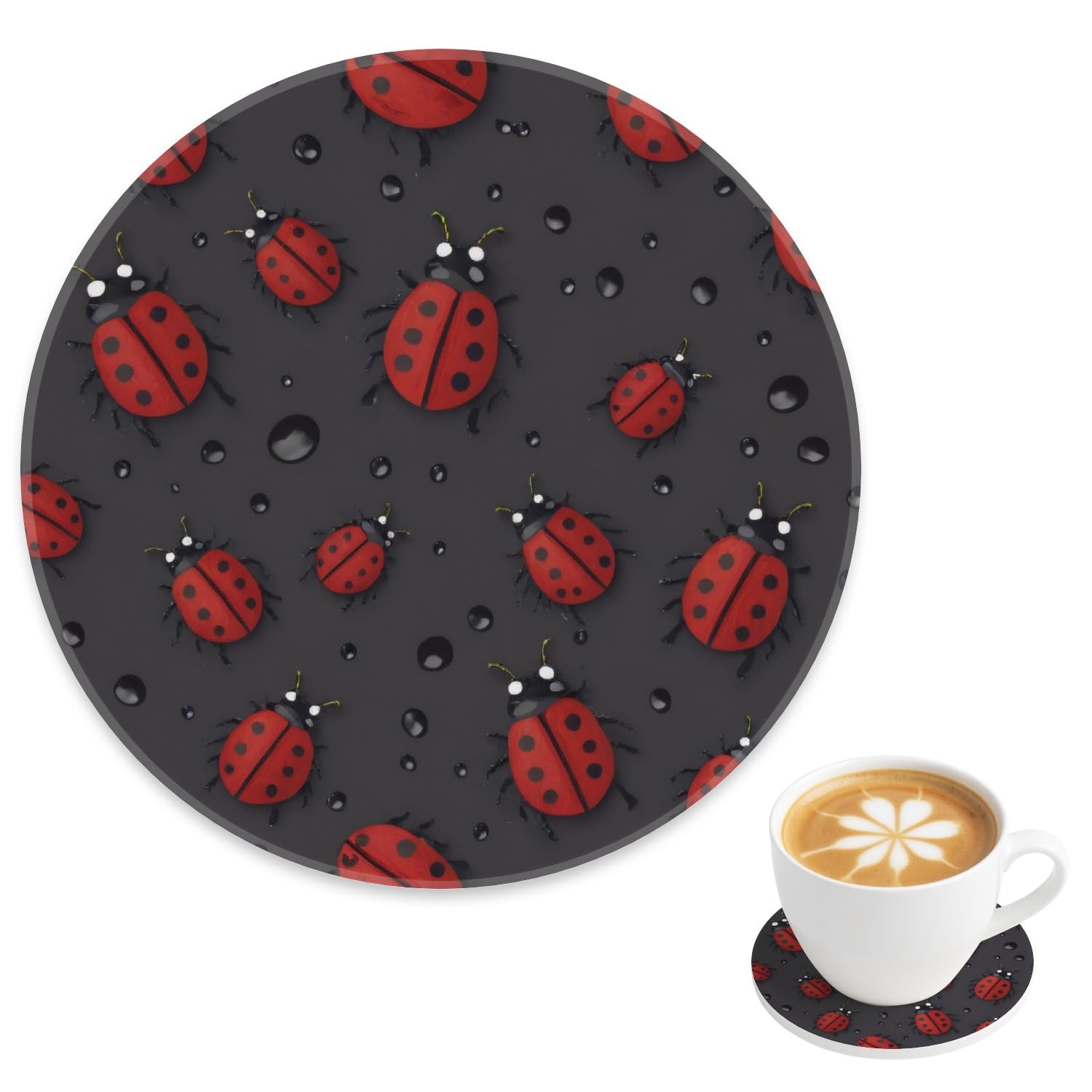 Teacup Coaster Bright Red Ladybug Desk Coasters for Drinks, Nonstick Kitchen Cups Mat Home Decor Party Decorations Kitchen Essentials, Gifts for Women Girlfriend House Warming Gifts New Home, 4 Inch