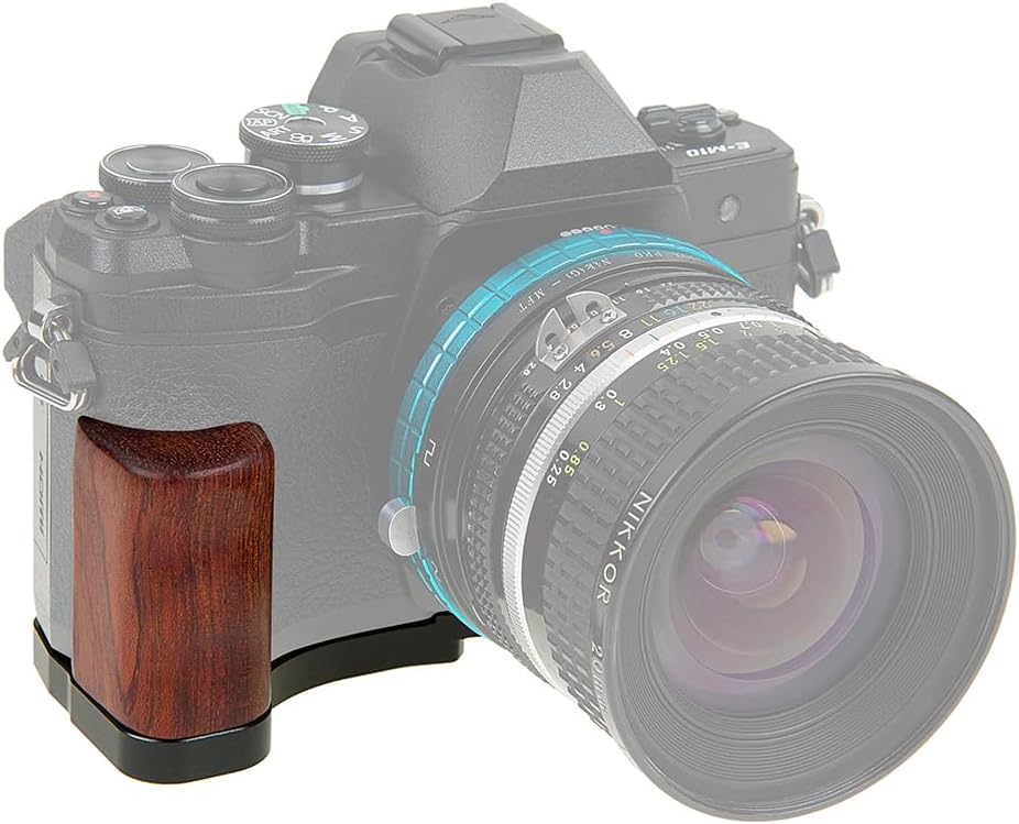 Deluxe Metal Camera Hand Grip for Olympus OM-D E-M10 Mark IV MILC MFT Camera with Wooden Accent and Battery Access