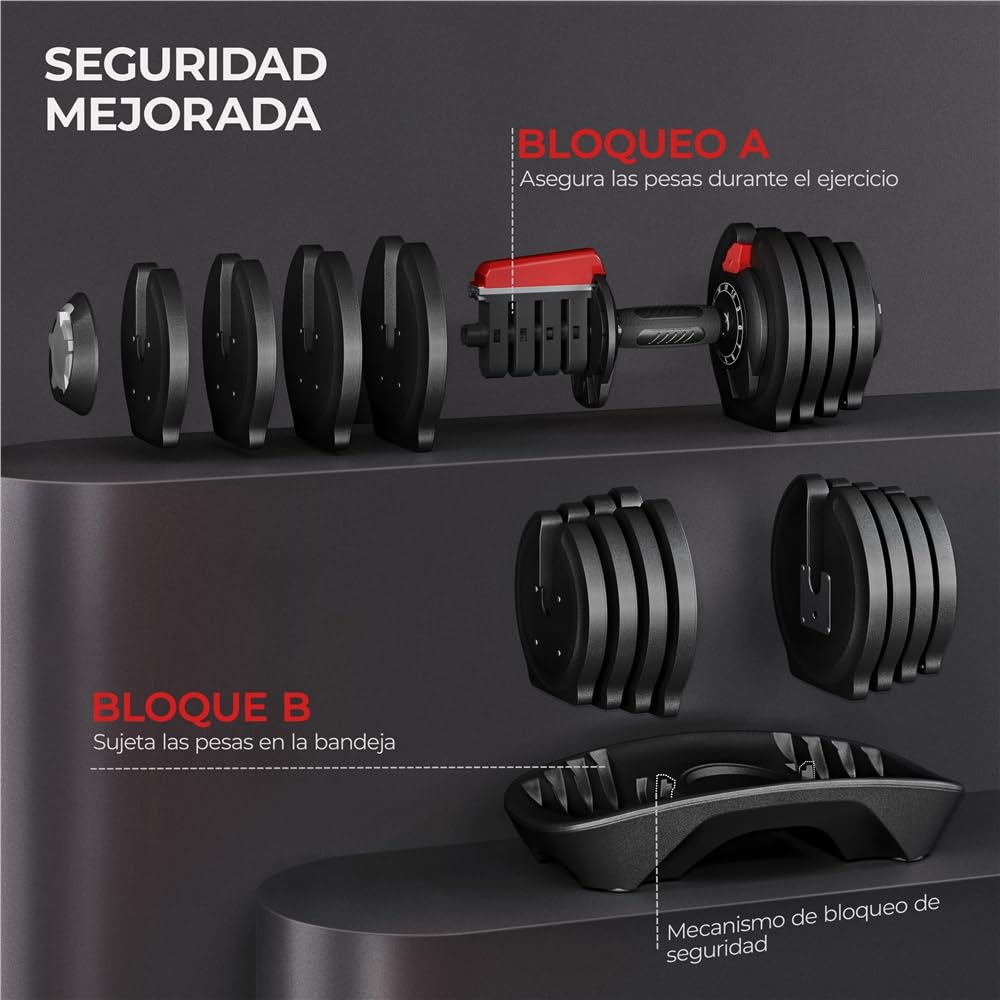 Yaheetech Mancuerna Ajustable 12 en 1/11 en 1 Pesas y Mancuernas Ajuste Rápido de 1.5 a 12.5kg/1,5 a 18kg/3 a 24kg/2 a 40kg con Base de Almacenamiento para Gimnasio en Casa