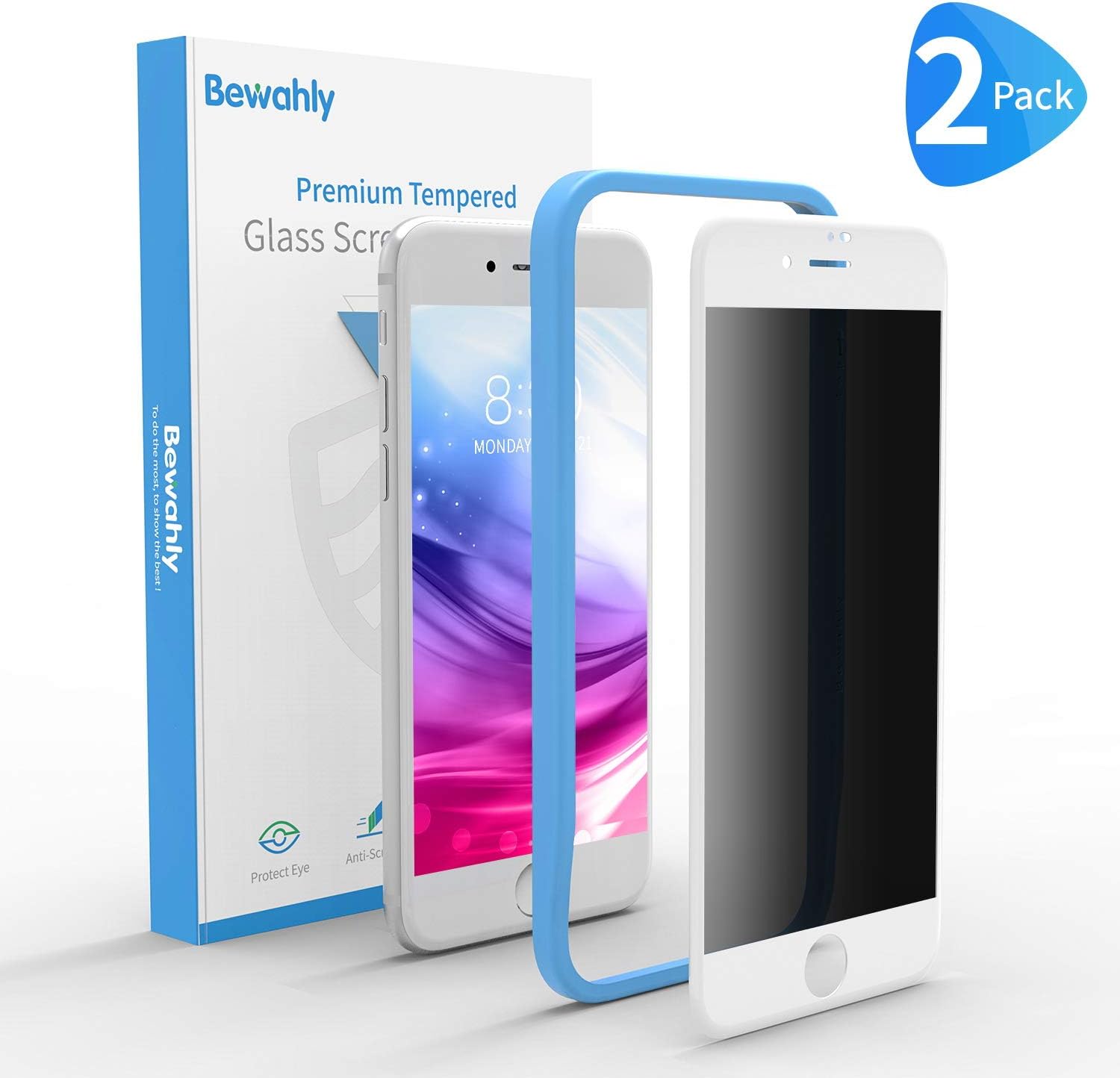 Bewahly Compatible with iPhone 7/8/SE(2020) 4.7-inch Privacy Tempered Glass Screen Protector [2 Pack], 3D Full-Screen Privacy Tempered Screen Protector Glass Film Screen Protector - with Aid（Withe）