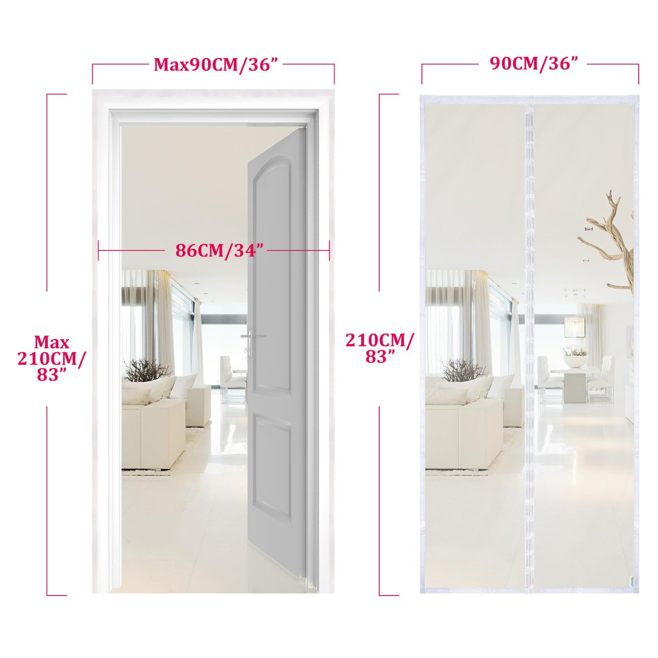 Apalus Prime Zanzariera con Magneti per Porte, 90x210 CM - Rete Fine, Tenda Totalmente Magnetica, si Chiude da Sola - Non Accorciabile (Prime Biano)