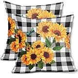 Sunflower Pillow Covers 18x18 Set of 2 Summer Flower Black Buffalo Plaid Yellow Floral Throw Pillows