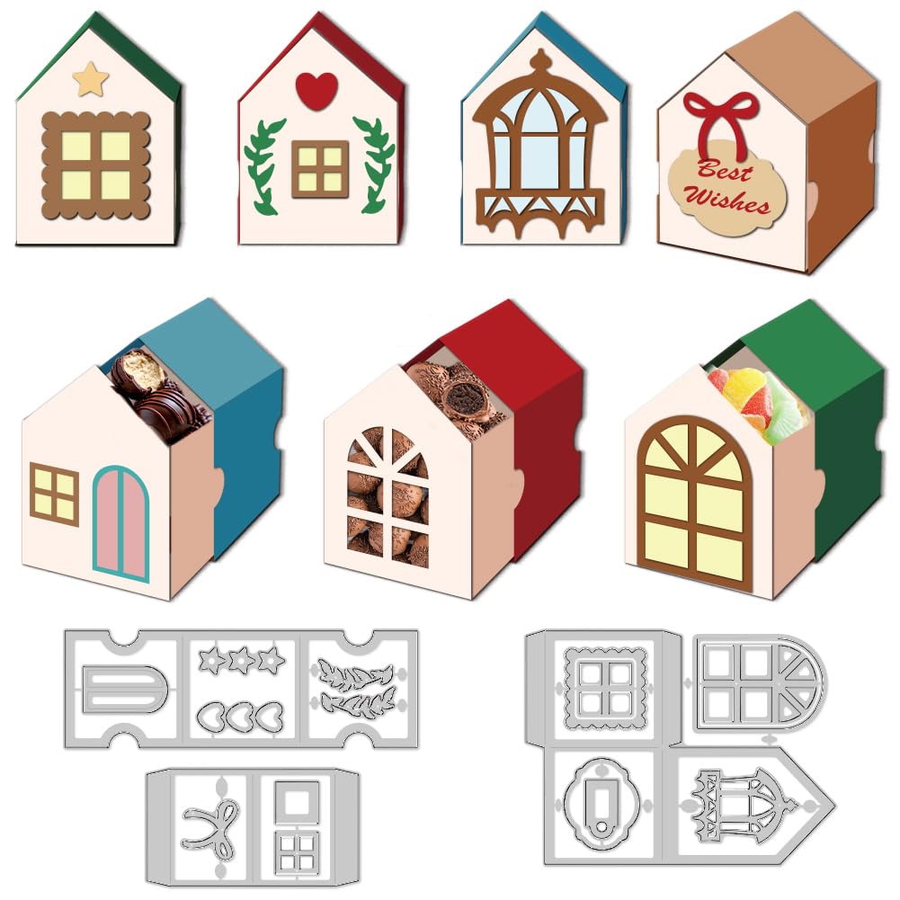DELORIGIN 3D House Cutting Dies Gift Box Hollow Card Making Die Stencil Carbon Steel Die Cuts Scrapbooking Embossing Template Dies for Greeting Cards Craft Paper Album Invitation Decor