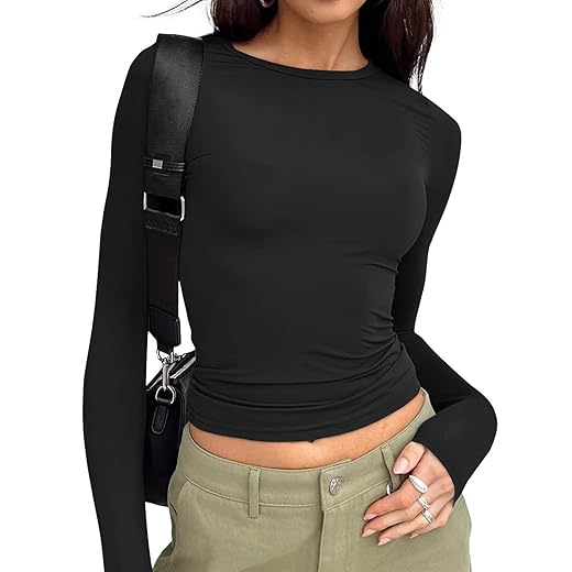 Trendy Queen Womens Long Sleeve T Shirts Fall Fashion 2025 Basic Crop Tops Going Out Outfits Y2k Clothes