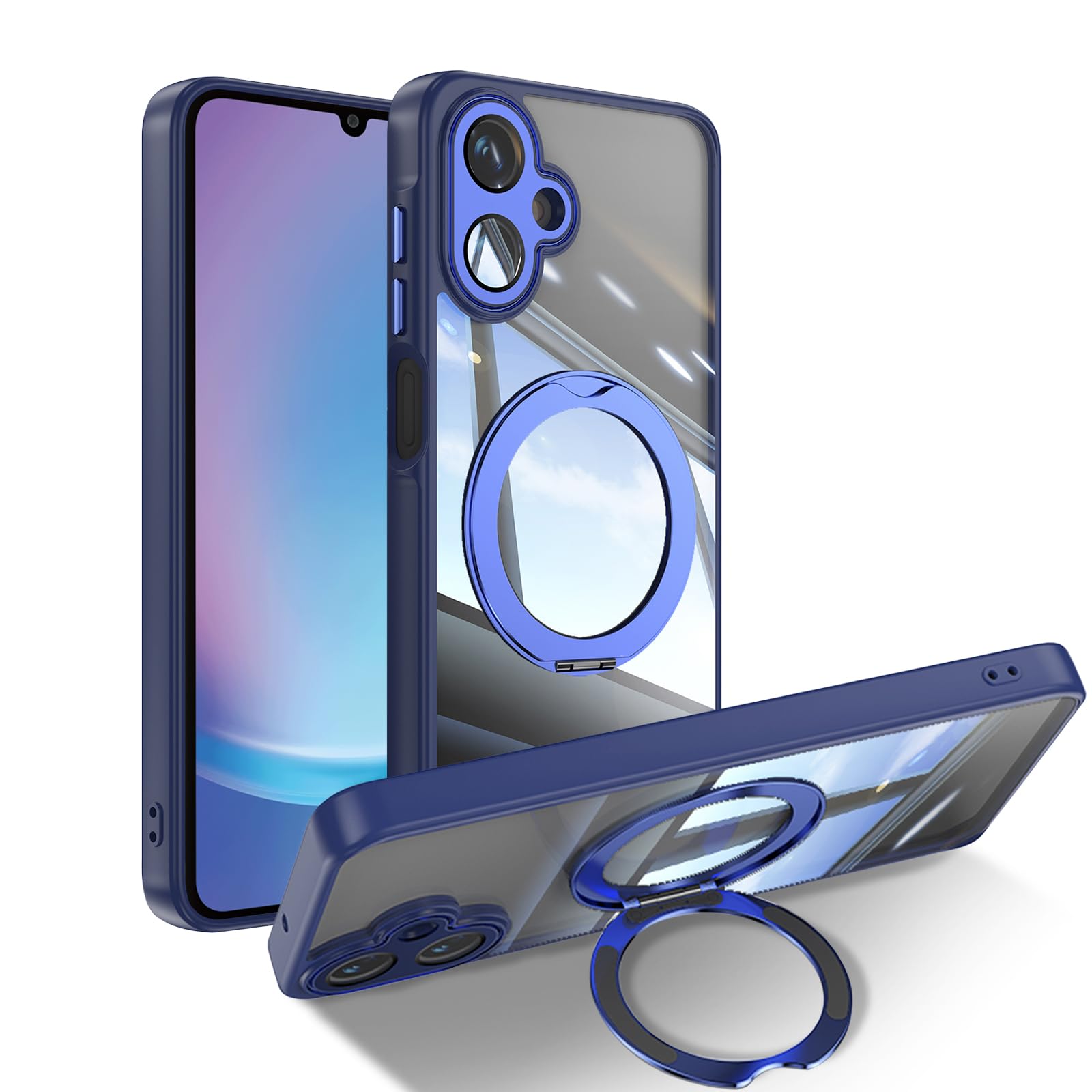 [ShinKin] スマホケースSamsung Galaxy A25 用 ケース カバー 透明PC + TPU素材 ケース リング付き カバー スタンド機能 スマホケース 透明レンズフィルム保護機能付き 強化された保護 携帯電話のレンズフィルム 軽量 耐衝撃 擦り傷防止 落下防止 車載ホルダー 360°回転 ケースSamsung Galaxy A25 用 (ブルー)