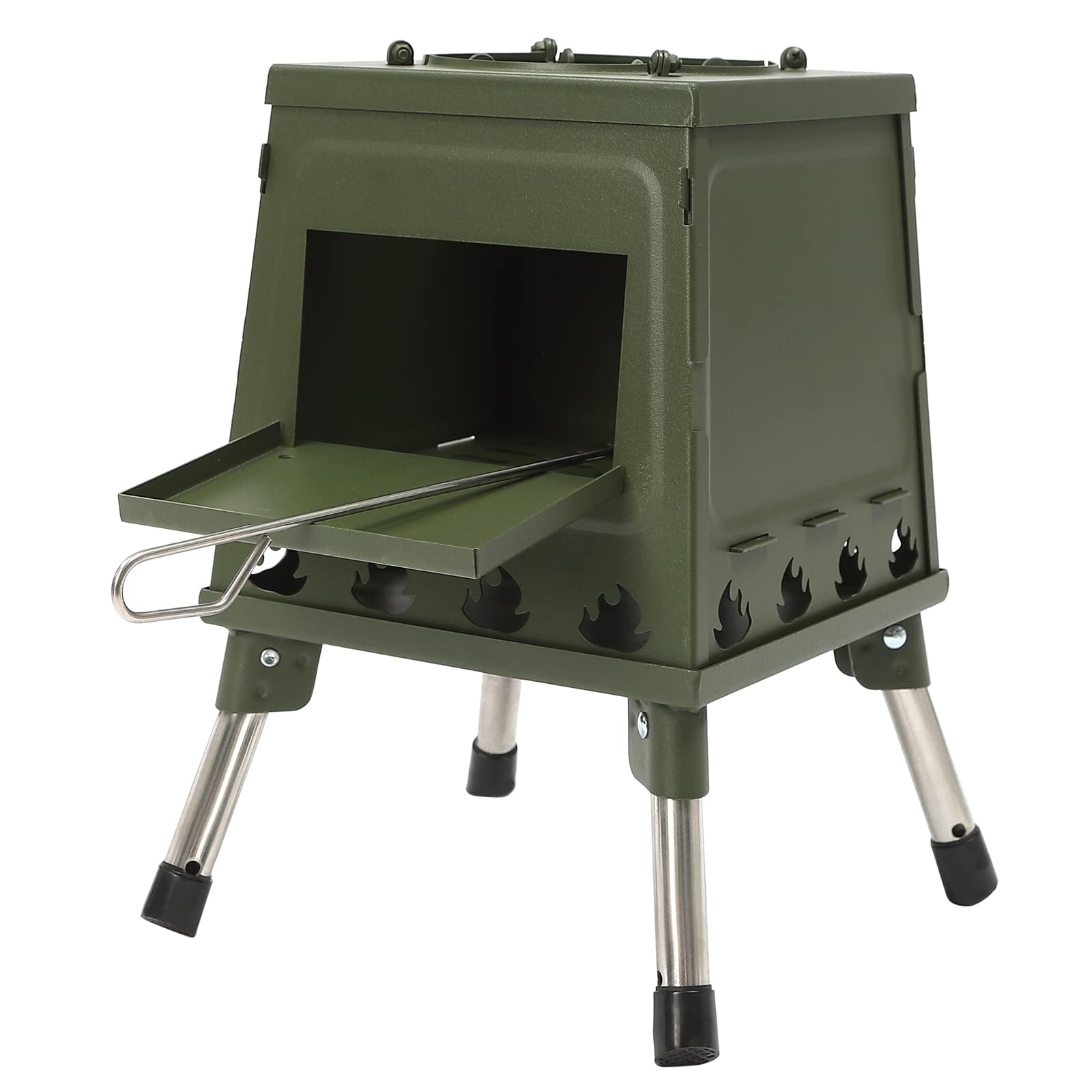 Outdoor Camping Holzofen, Zeltofen Outdoor-Küchenofen mit Verstellbarer Topfhalter, Campingzelt Kocher, Faltbarer Ofen Herd Heizung, Tragbarer Holzofen Gartenofen für 3-5 Personen (Grün)