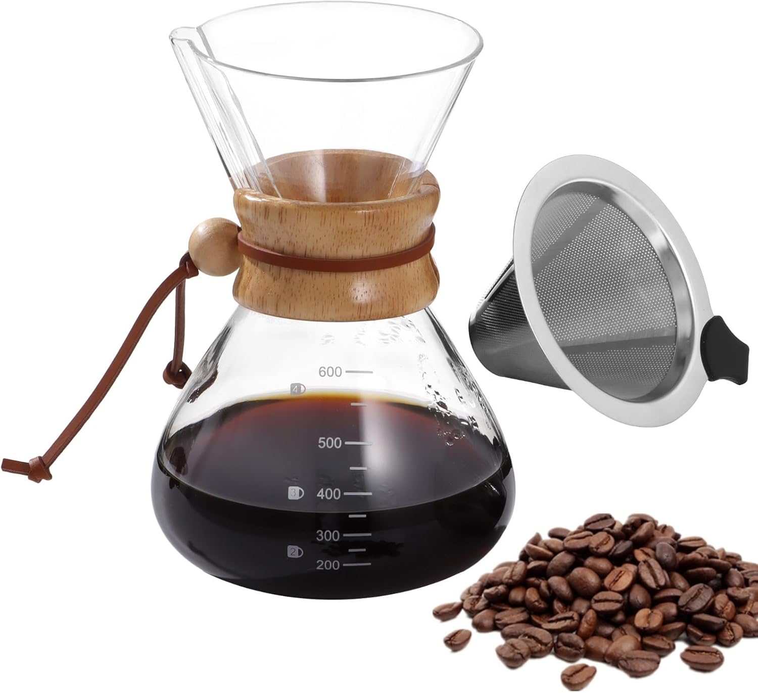 Pour Over Coffee Maker, 20 Oz, Borosilicate Glass Coffee Pot, Stainless Steel Filter & Wood Collar, Heat Resistant Carafe for Home Office Camping Hiking