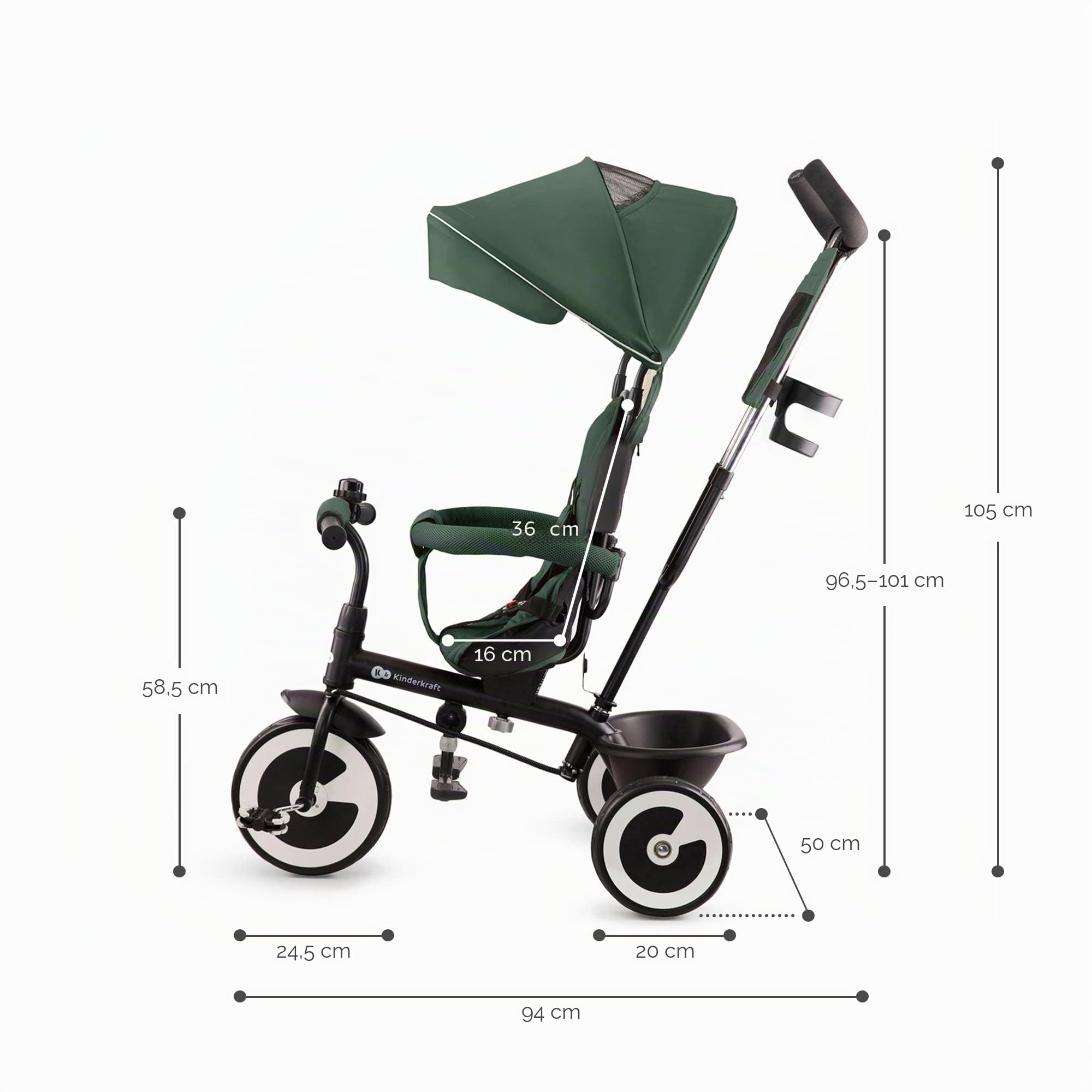Kinderkraft Aston Dreirad ab 9 Monate bis 25 kg, Kinderdreirad mit schubstange, drehbarer Sitz Vorwärts und Rückwärtsfahrt, ausklappbarem Verdeck mit Sonnenschutz, Getränkehalter Korb im Set, Grün