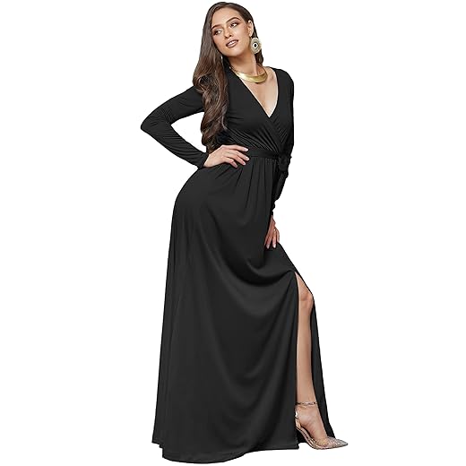 KOH KOH Womens Long Sleeve V-Neck High Slit Cocktail Evening Gown Maxi Dress