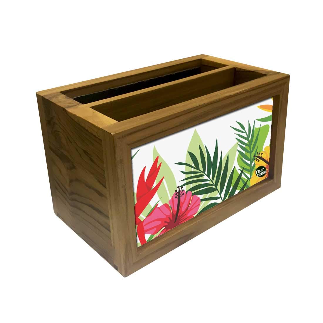 Nutcase Designer Teak Wood TV Remote Stand For Home Remote Holders Organizer Caddy for TV/AC Remotes Control -Multipurpose Desk Organiser-6�x4�x4� - Floral Beauty 1