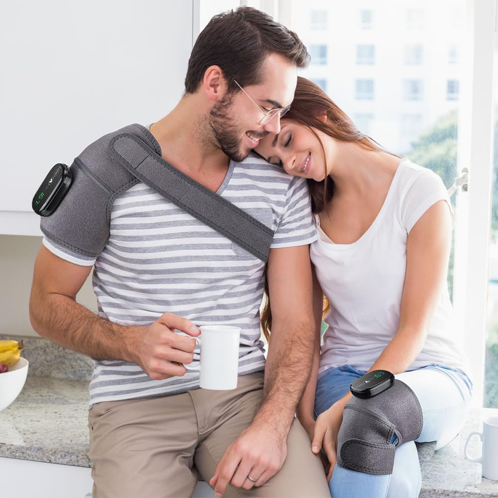 Joyzan Masseur de Genoux, Massage Genoux 3 in 1 Genouillère Chauffante Sans Fil Fonction de Vibrations Appareil Massage Pour Genou Épaule Coude Mollet 2 Ceinture D'extension Température à 3 Vitesses