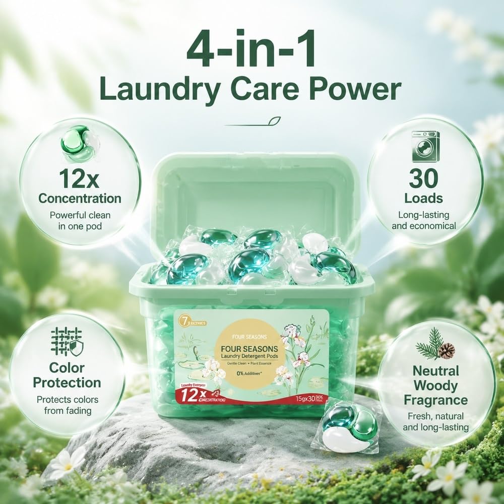 Wäschepads 15 G, 12-fache Fleckenkraft, Geruchskontrolle, 30 Stück | 15 G Wäschepads, 60 % Tenside, 7 Enzyme, 1 Pod Reinigt 14–16 Wäschestücke(Mist Osmanthus Rain)