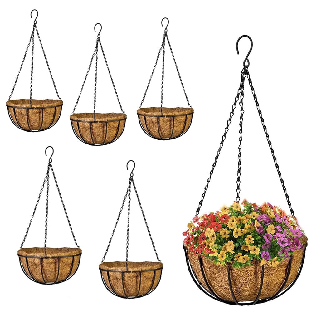 VIRSUS Cesti Portavasi Sospesi in Fibra di Cocco 7486, Diametro 30 cm, Struttura e Gancio in Metallo Verniciato Nero, Fioriera vaso da Appendere, Decorazioni per Piante e Fiori (6)