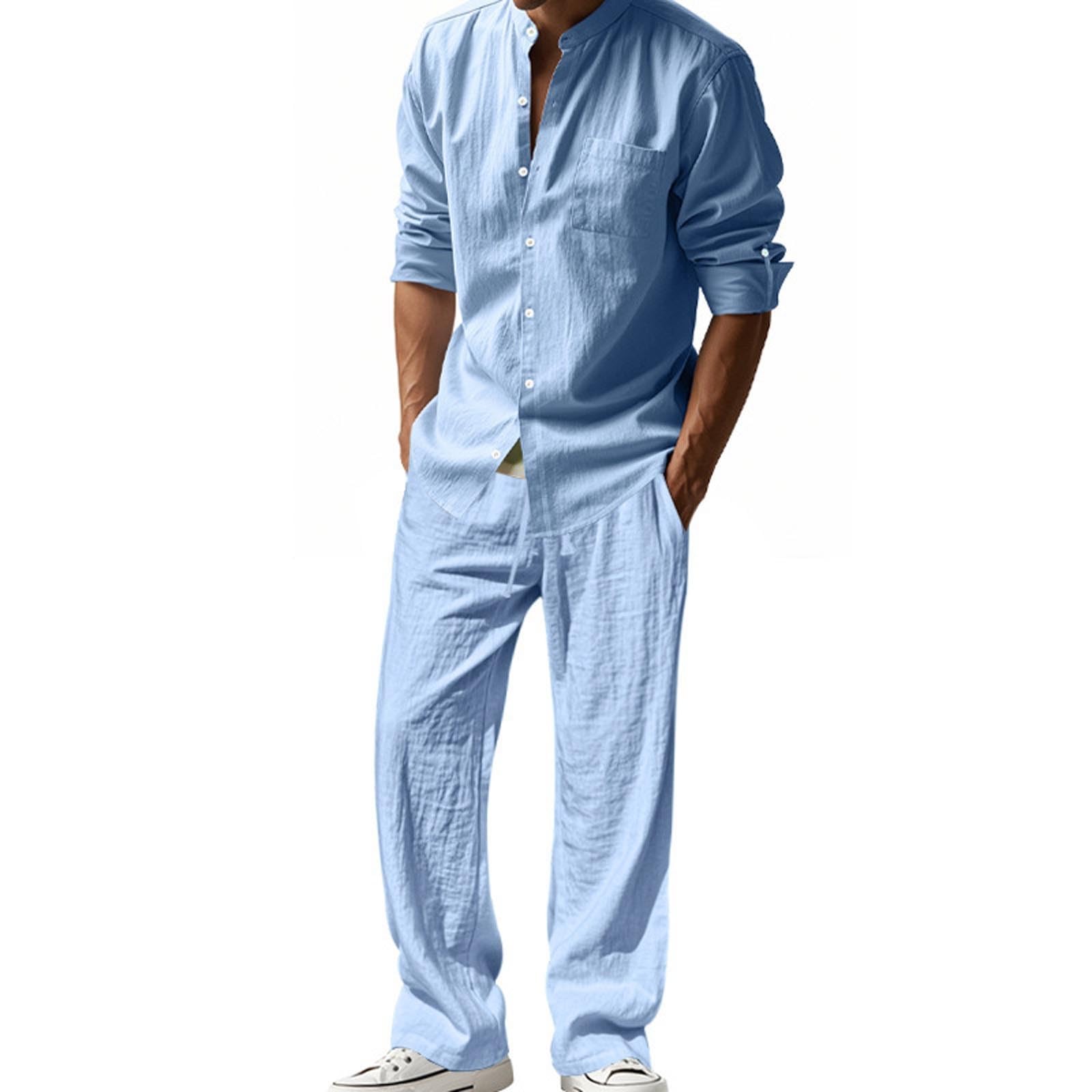 EMATOP Leinen Outfits Herren Sommer Leicht Sportanzug Lässiges Einfarbig Jogginganzug Baumwolle Leinen Tracksuit Casual 2 Teiliges Sommerhemd und Lang Hosen Freizeitanzug Zweiteiler Workout Set