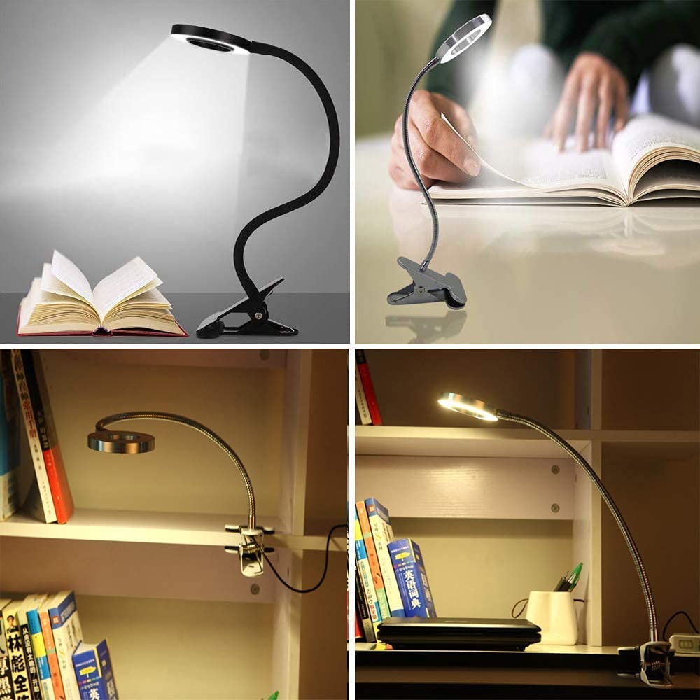 Depuley 6W - Lámpara de escritorio USB Clipsable con pinza de lectura en cama, luz blanca cálida y fría, cuello de cisne flexible de metal negro (adaptador no incluido) [Clase energética A++]