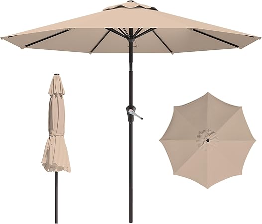 9 FT Patio Umbrella for Outdoor, Outdoor Umbrella with Push Button Tilt and Crank, Outdoor Patio Umbrellas with 8 Sturdy Ribs for Market, Garden, Deck, Backyard, Pool (Beige)