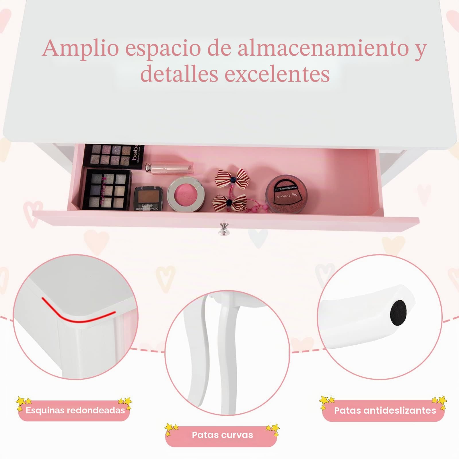 RELAX4LIFE 2 en 1 Tocador de Maquillaje Niña con Taburete y 3 Espejos Extraíbles, Tocaodr Infantil y Escritorio Niña de Madera con Cajón, Maquillaje Niña (Blanco)