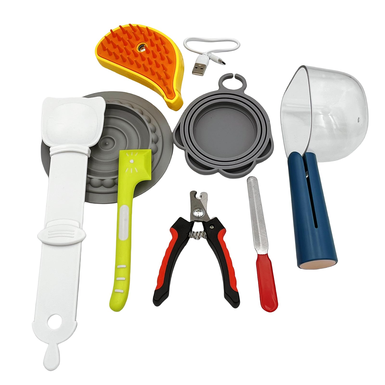 Kit de alimentos para el aseo de mascotas, juego de 8 piezas de suministros para latas de perros y gatos, cepillo de vapor, cortaúñas y lima, cuchara de comida para mascotas, cuchara de