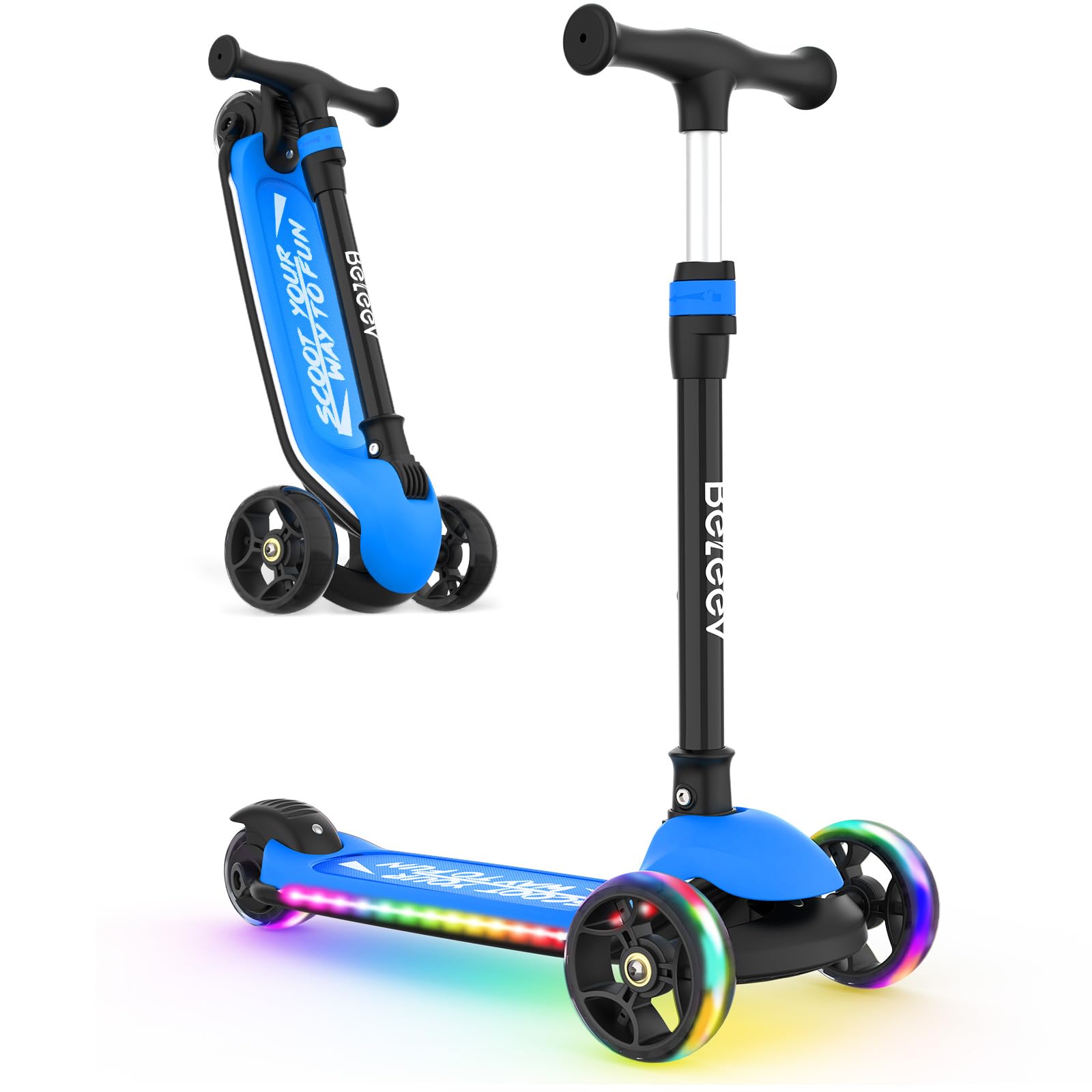 BELEEV A9 3 Wheel Scooter for Boy Girl 3-12 Years, Foldable Children's Scooter with LED Lights Wheels & Deck, 4 Height Adjustable, Non-Slip Deck Scooter, Lightweight Sturdy Frame Scooter