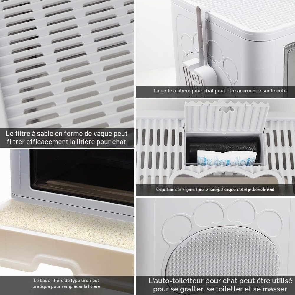 Bac à Litière pour Chat,Grande Maison de Toilette Chat Pliable avec Couvercle,Bac de Tiroir et Pelle à Litière,Portable,WC pour Chats avec Couvercle (48.5 * 36.5 * 38cm PP-Gris)