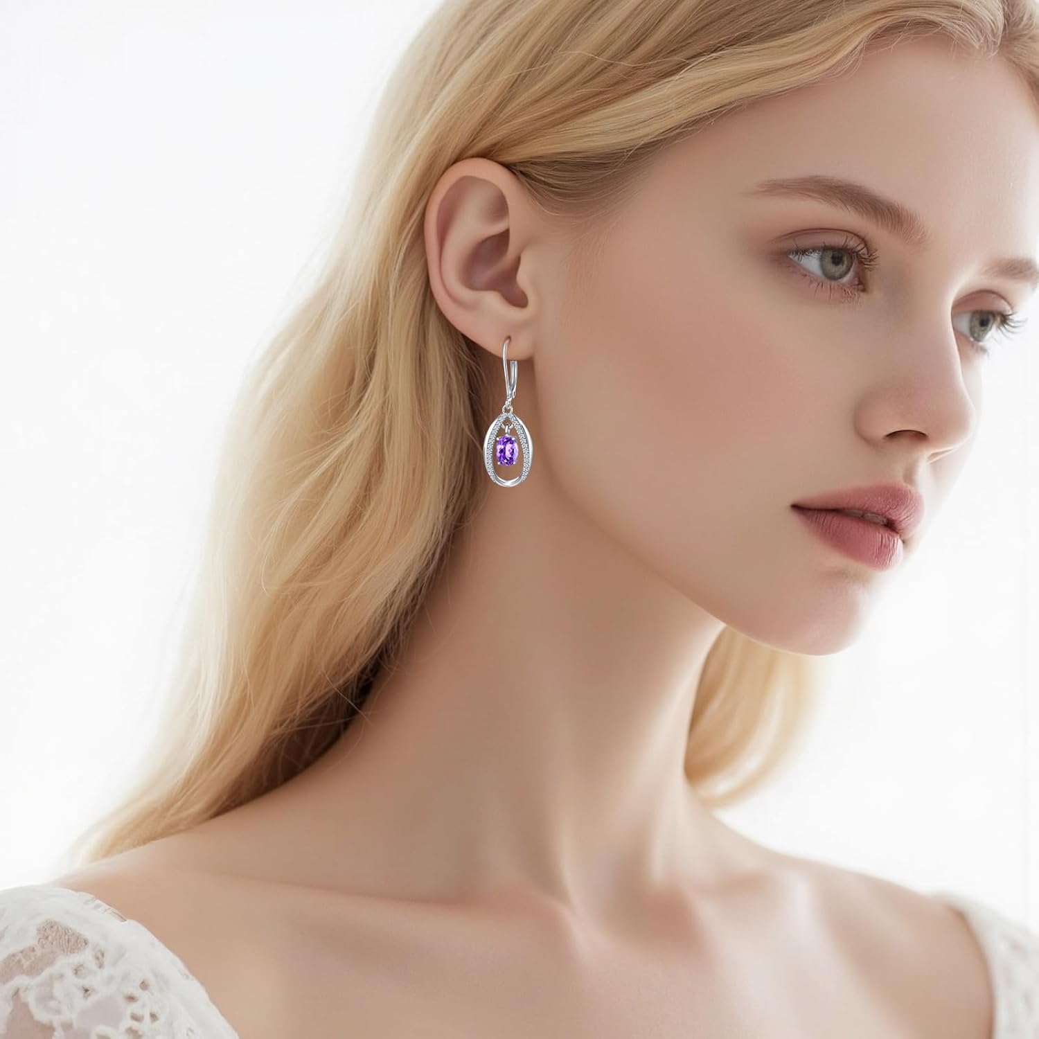 Purple Earrings Sterling Silver 5A Amethyst Cubic Zirconia Birthstone Ovil Dangles Drop Jewellry Gifts for Women - Image 3
