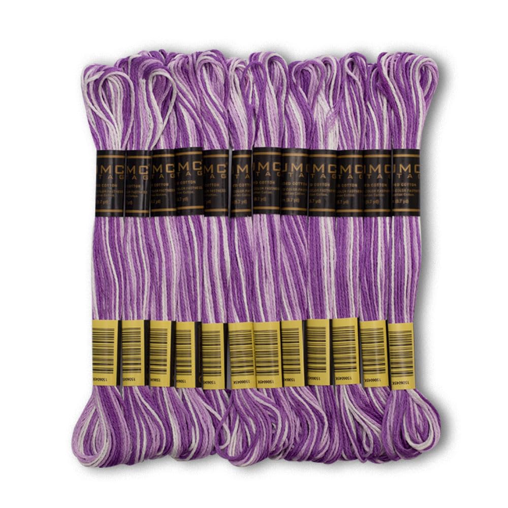 Pack of 12 Premium Embroidery Thread | 100% Egyptian Cotton Premium Skeins | Cross Stitch Embroidery Floss | Oeko TEX Certified | Ideal for Arts &amp; Crafts (Light Purple Variegated 1208)