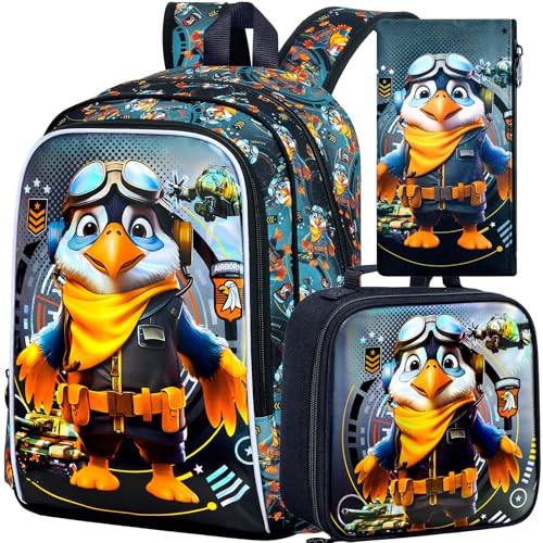 Image of 3Pcs Boys Backpack, 16 inch Kids Bookbag with Lunch Box, Eagle School Backpacks for Elementary Preschool Kindergarten (Black)