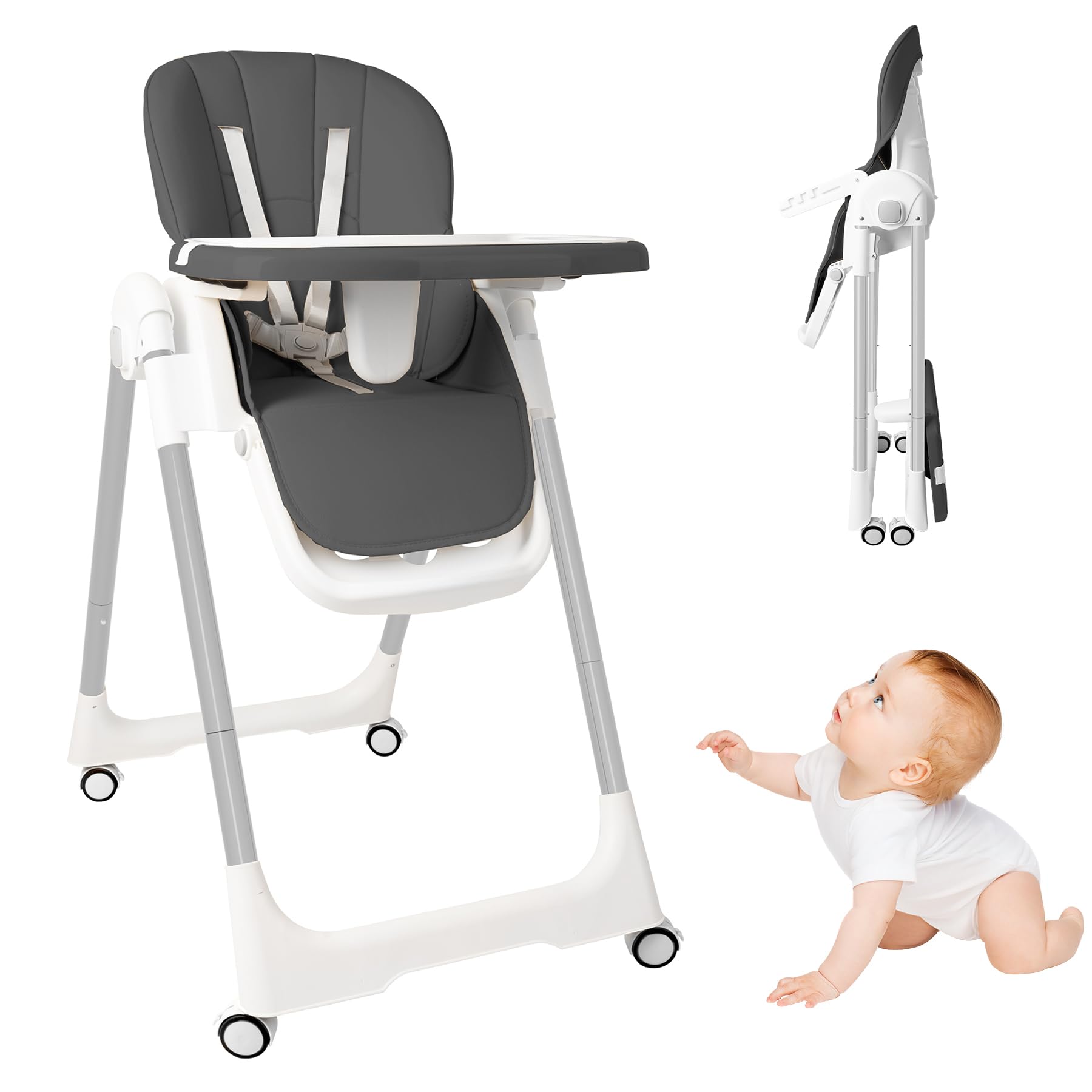 UISEBRT Kinderhochstuhl Klappbar, Höhenverstellbarer Baby Essstuhl mit Liegefunktion, Verstellbarem Doppeltablett und 5-Punkt-Gurt, Tragbarer Hochstuhl für Zuhause und Unterwegs, Grau