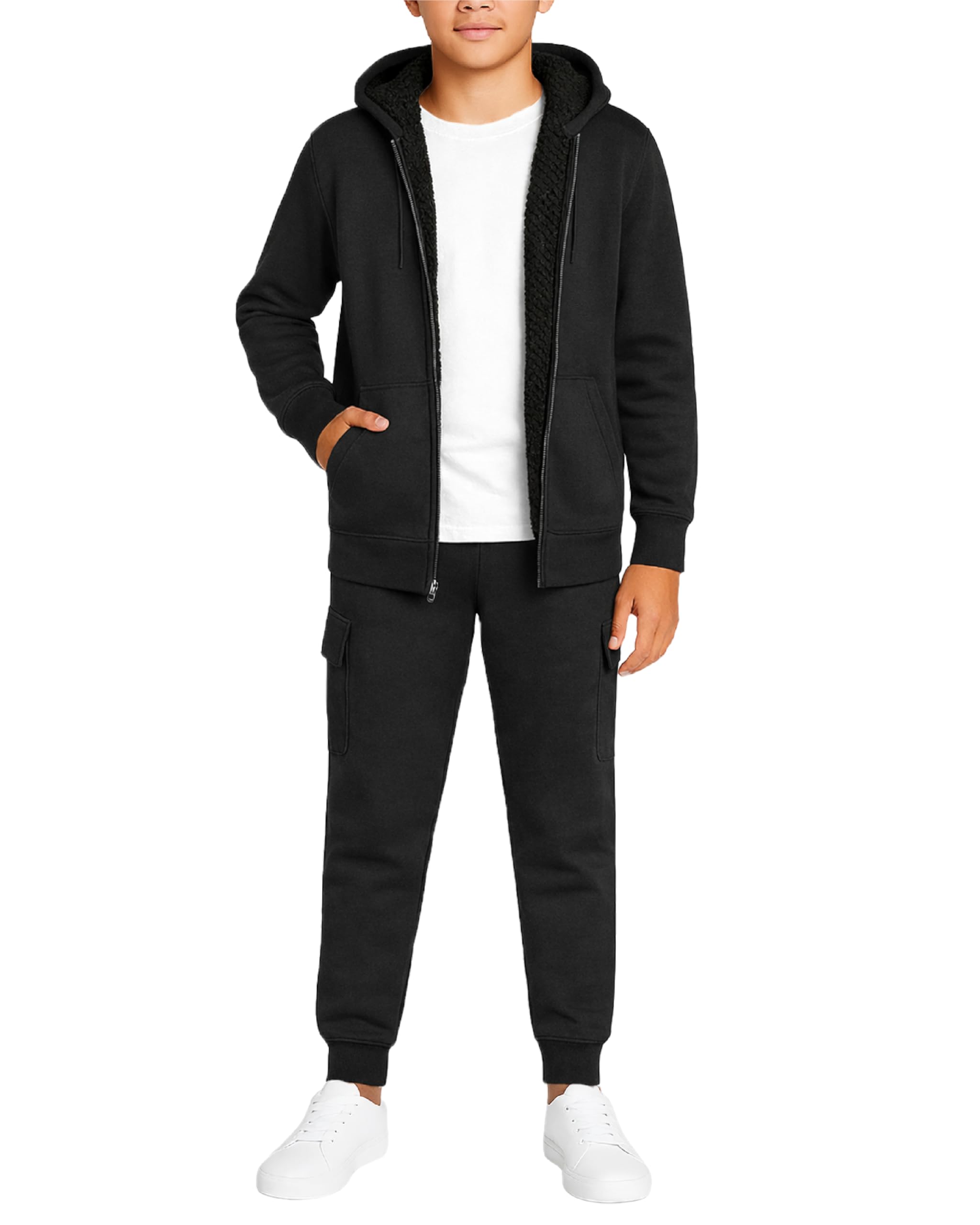 Quad Seven Boys Sweatsuit Set - 2 Piece Sherpa Fleece Lined Zip Up Boys Hoodie and Cargo Athletic Pants Kids Suits Set (8-18)