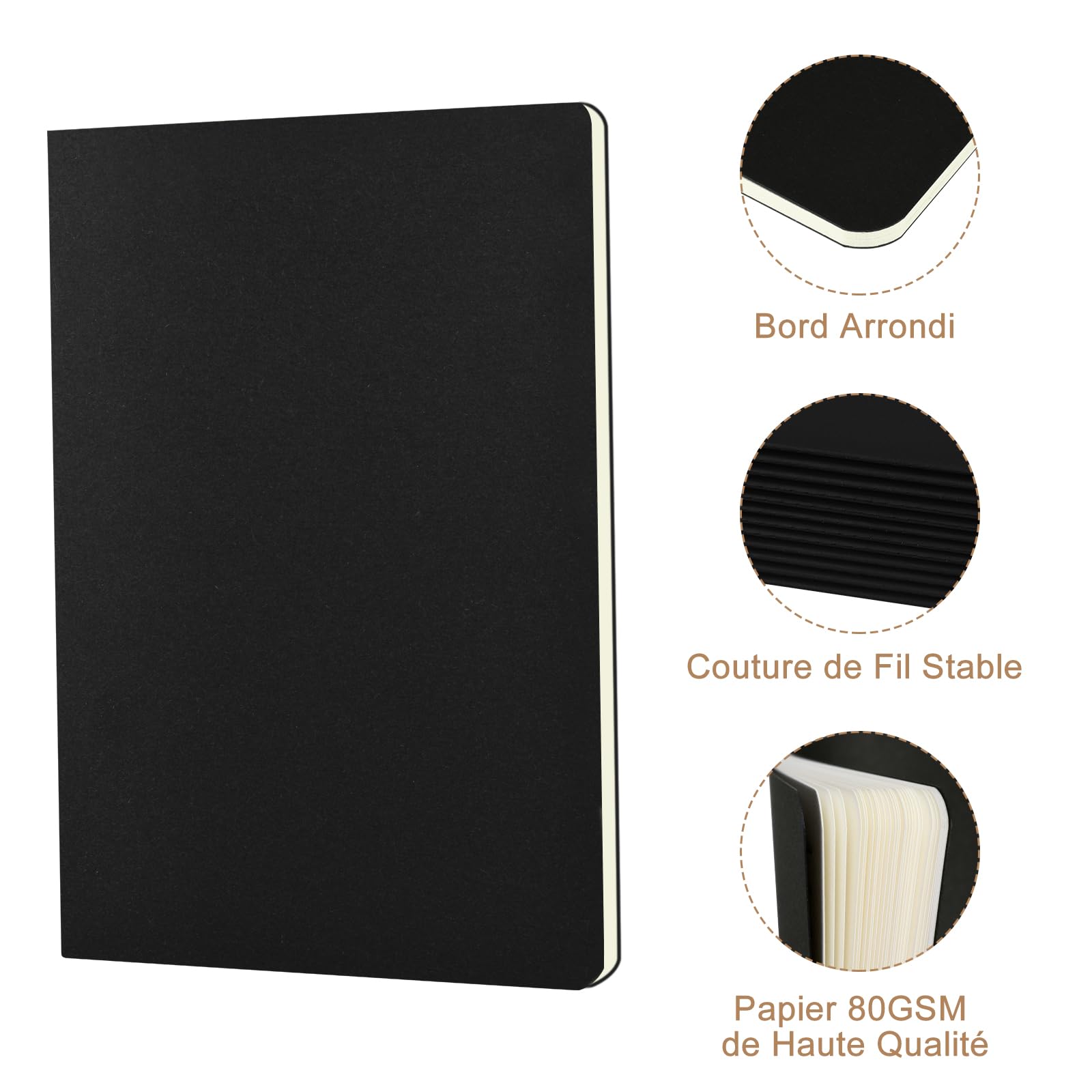 Cahiers Lignés A5 Lot de 5 Blocs Carnet de Notes Couverture Kraft Noire 60 Pages