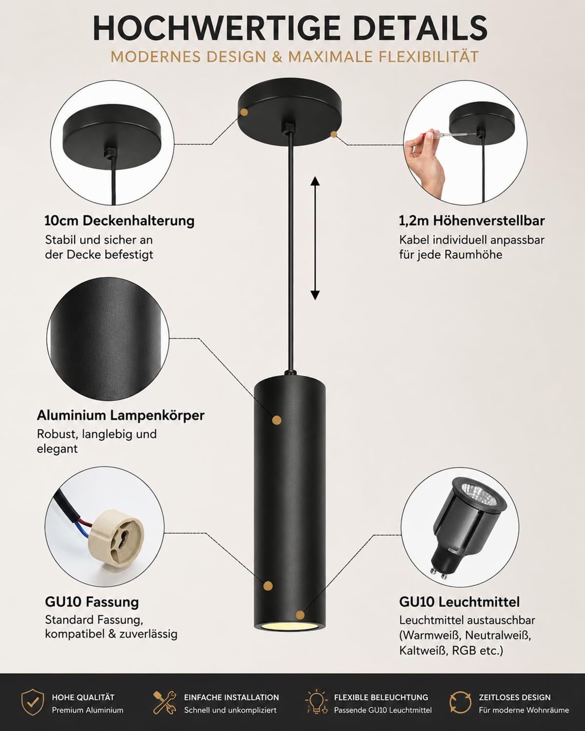 ACMHNC 2 Stück Pendelleuchte GU10 Schwarz, Höhenverstellbar für Kücheninsel | 10W Zylinder Hängeleuchte mit 120 cm Kabel, 3 Lichtfarben für Küche Esstisch, Ø 6 × 30 cm