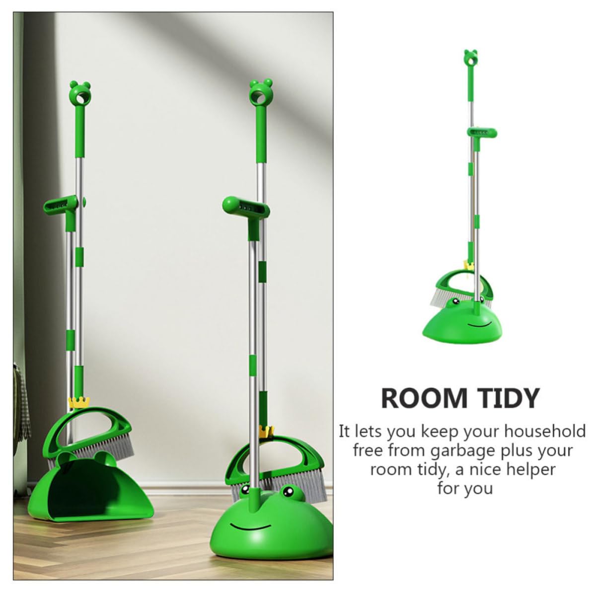 Juego de Escoba y Recogedor Mango Ergonómico y Largo, Material PP y Aluminio Espacial, Adecuado para Limpieza del Hogar y Suelos Verdes