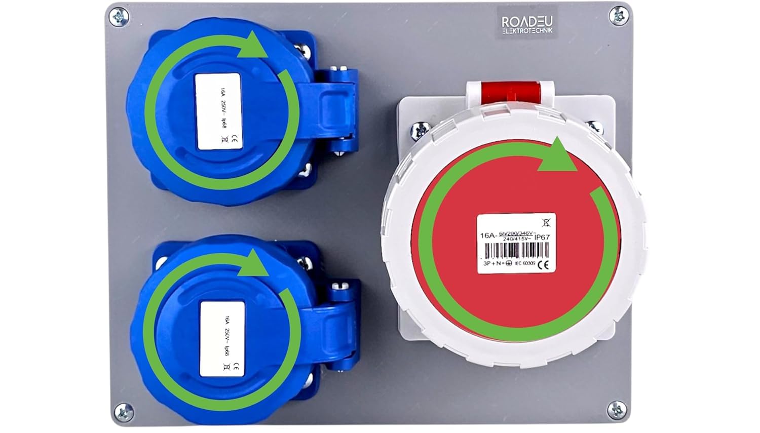 RoadEu – Caja de Distribución IP67 Estanca | 2x Enchufe Schuko 230V + 1x CEE 16A 5P 400V | Cuadro Híbrido Precableado para Obra