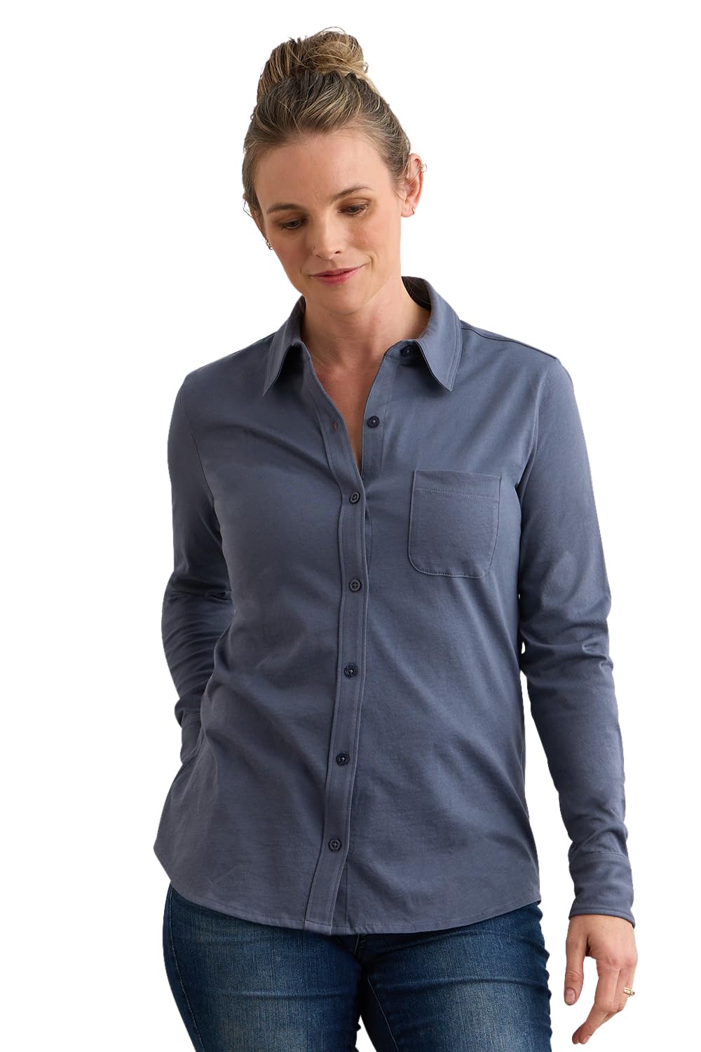 Fair Indigo Women's 100% Organic Pima Cotton Long Sleeve Knit Button Down Shirt