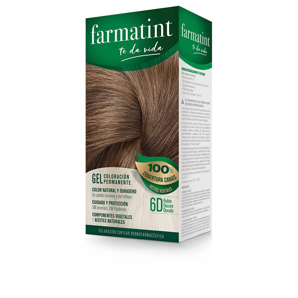 Farmatint 6D Rubio Oscuro Dorado. Tinte permanente. Cabello natural y color duradero. Sin amoníaco ni parabenes ni parafinas ni siliconas, 135ml