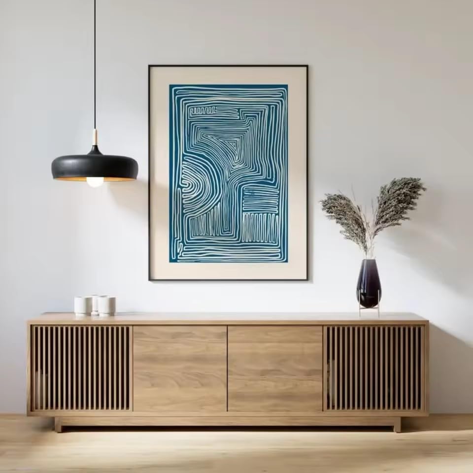 DIHANSM Minimalistischer Wanddekor-Linienkunstdruck Blaue Wandkunstdrucke - Mid-Century Modern Wandkunst Neutrale abstrakte Leinwand Poste (70x100cm/Ungerahmt)