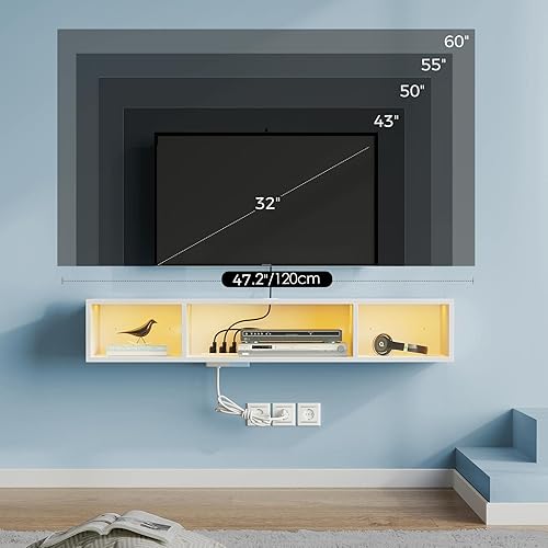 Miniatura 29 de Rolanstar Soporte de TV con toma de corriente, soporte de TV flotante con luces RGB, estante de TV montado en la pared de 47.2 pulgadas, consola