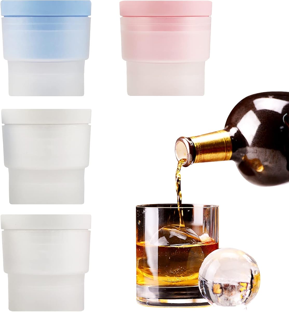 Ice Ball Maker, Set of 4 2.5 Inch Ice Spheres Mold (White,Blue&Pink) | Round Ball ice Cube Mold for Whiskey Cocktails Juice Beverages Bourbon,Old Fashioned Clear Ice Cube Mold