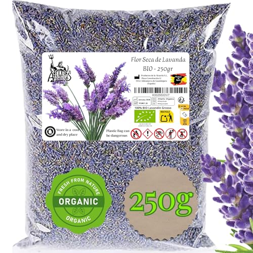 Organic Dried Lavender Buds (0.55lb / 250g) - Ultra Fragrant Natural Wholesale Lavender Flowers for Sachets Wedding Toss Soap Making Candle Decor Crafts - Long Lasting Scent - Atlantis Organica