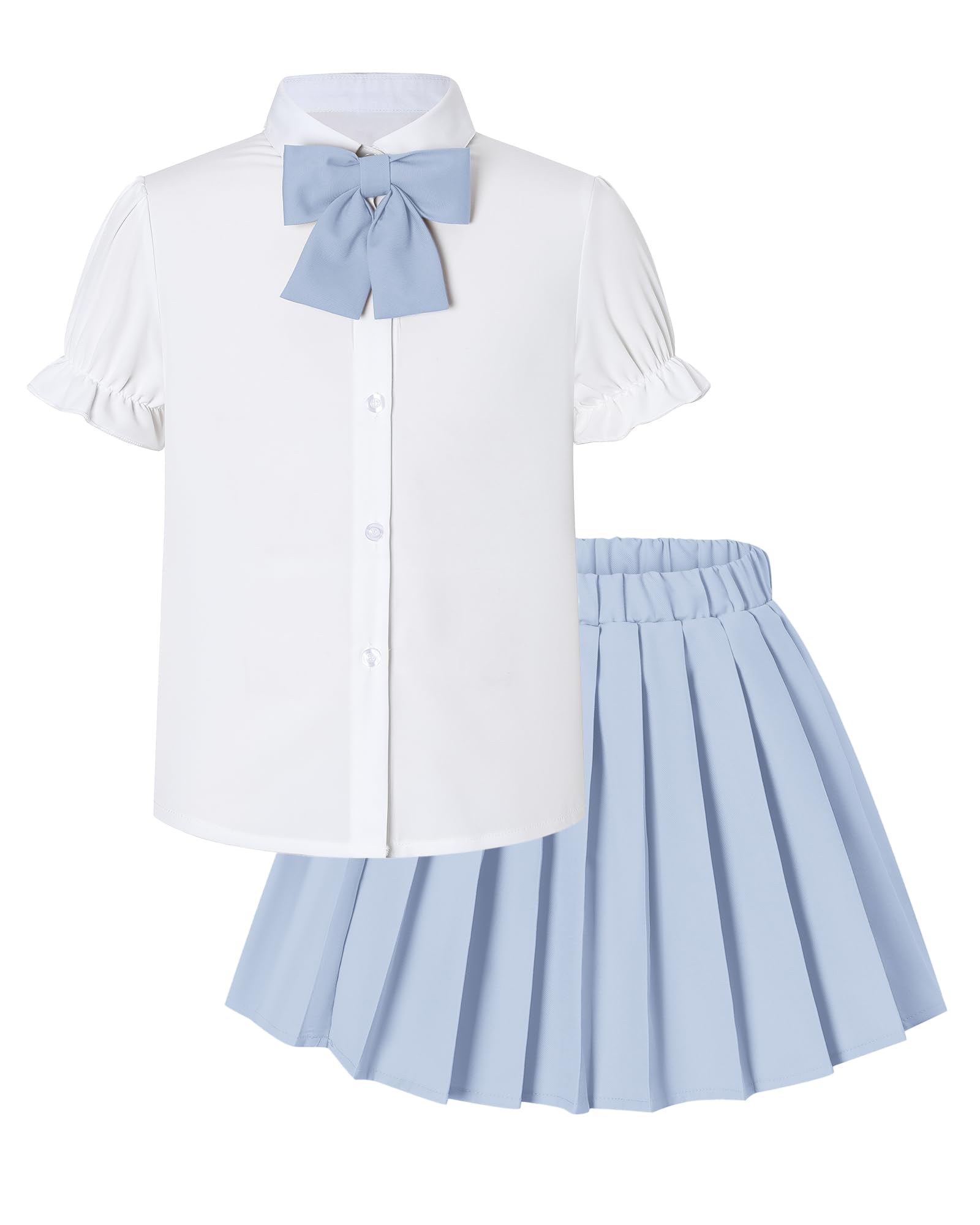 Betusline Girls JK Uniform Outfit, Shirt with Bow &amp; Pleated Skirt,4T-16Y