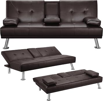 Pu Leather Convertible Futon Sofa Bed,Modern Couch Loveseat Sleeper, 3 in 1 Comfy Folding Recliner Couches Bed for Small Spaces Living Room, Adjustable Backrest, 2 Cupholders for Office Brown
