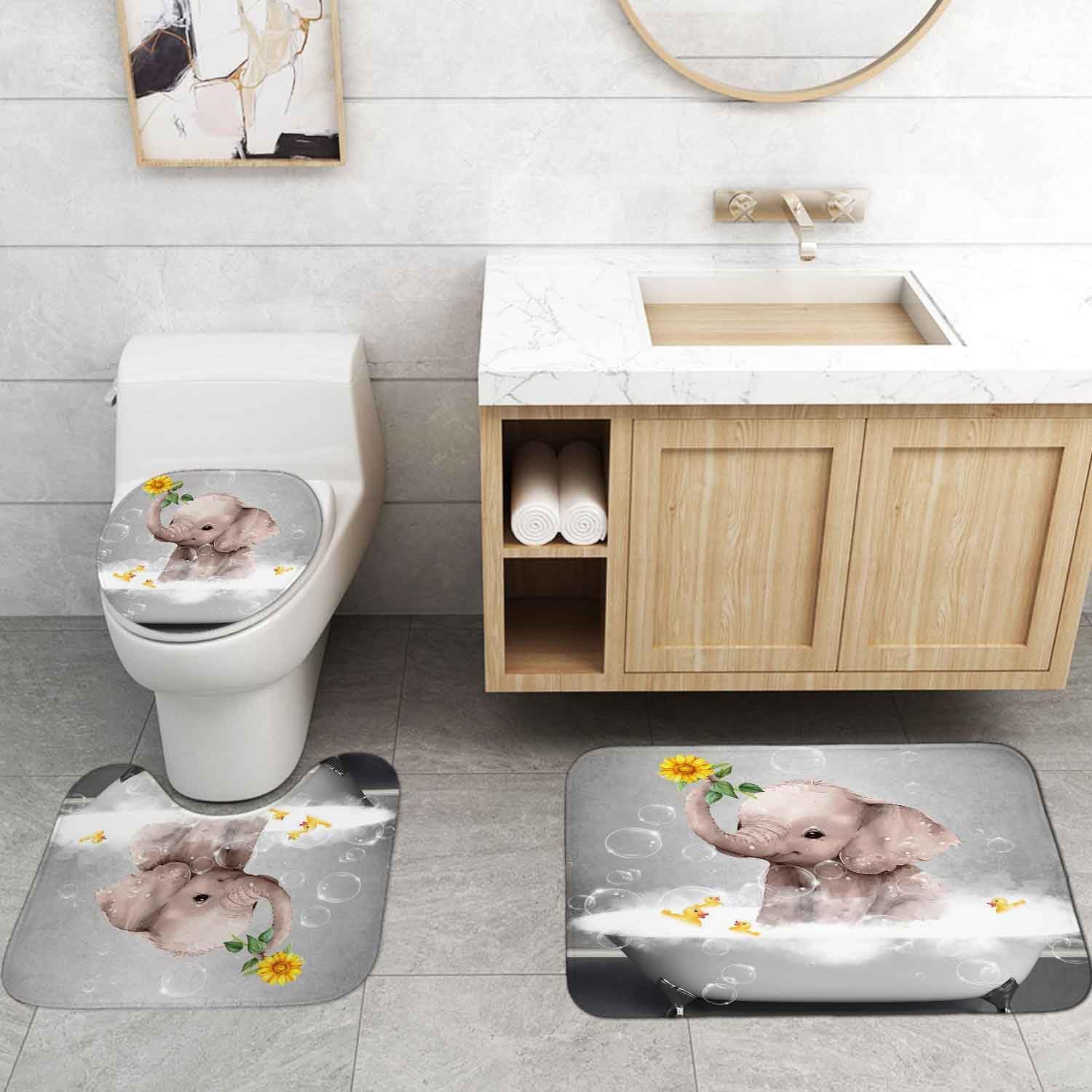 4PCS Funny Elephant Shower Curtain Set, Waterproof Fabric Grey Shower Curtain, Non-Slip Bath Mat Bathroom Rugs, Cute African Animal Yellow Duck Sunflower Bubbles Bathtub Kids Bathroom Decor