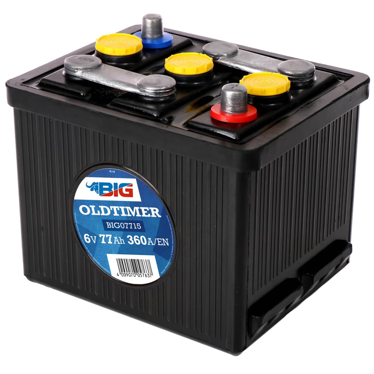 BIG Oldtimer Batterie 6V 77Ah 360A EN - Typ 07715 | Klassische 6 Volt Starterbatterie für Oldtimer - Gefüllt und geladen - Schwarzes Hartgummi-Gehäuse
